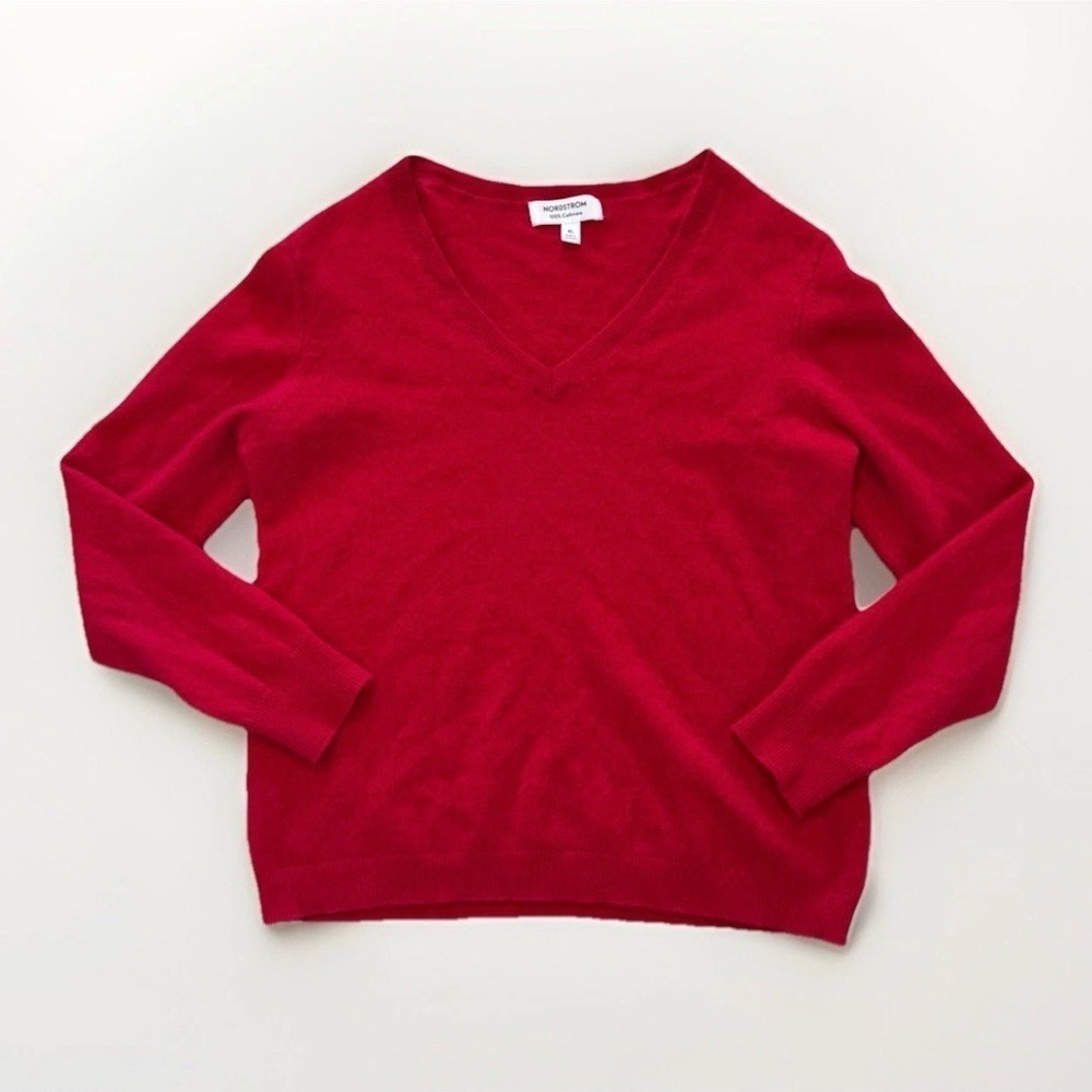 Nordstrom Cashmere Sweater Womens XL Red Toreador V Neck Soft Pullover Preppy